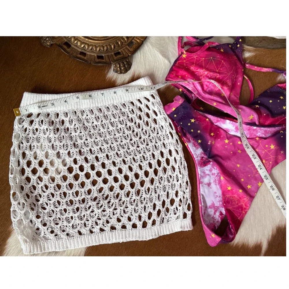 Celestial Cosmic Purple Pink Galaxy Bikini Set w/ White Crochet CoverUp Skirt XS